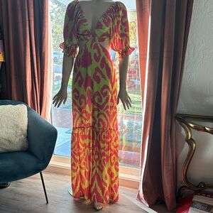 Vibrant Pink and Green Maxi Dress